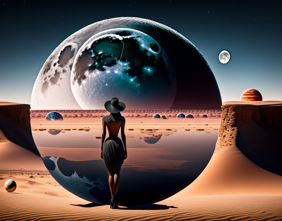 Person in hat gazes at surreal cosmic scene with moons and planets on sandy surface