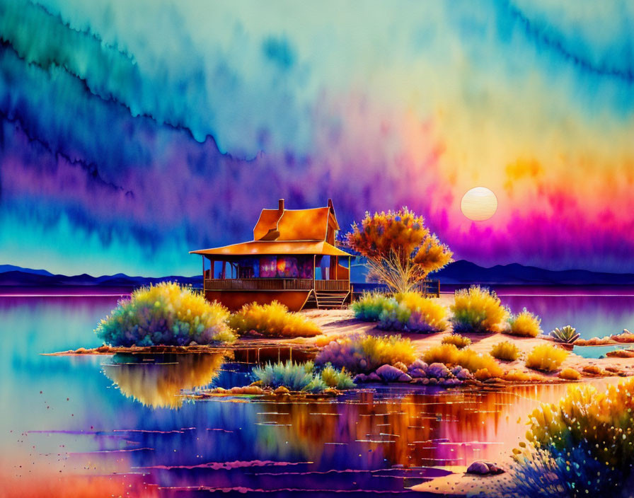 Colorful lakeside house illustration at sunset with vibrant reflections and psychedelic sky.
