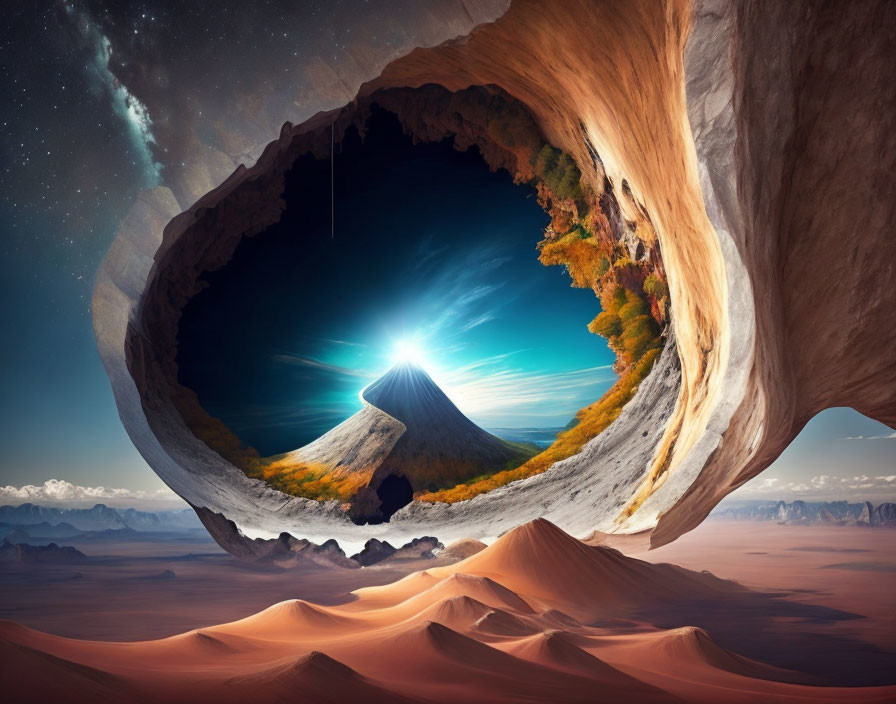 Surreal landscape featuring central volcano in cylindrical world with starry skies and desert dunes.