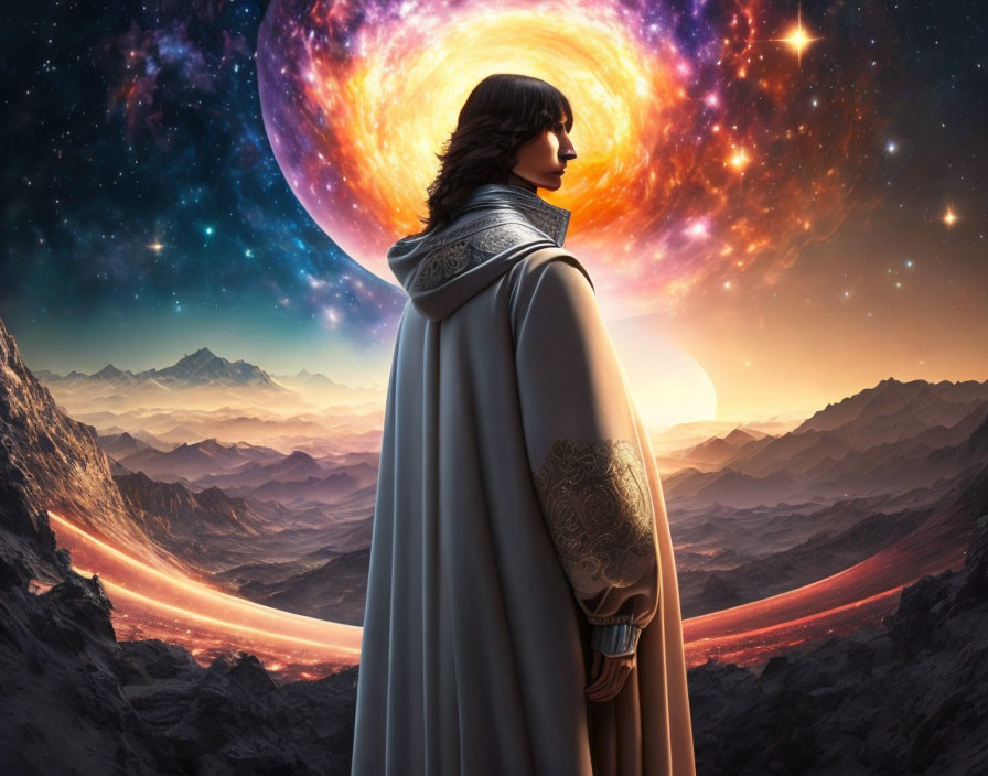 Robed Figure Contemplating Cosmic Sky Over Mountainous Landscape