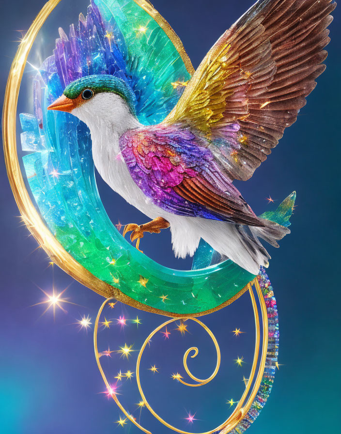 Colorful fantasy bird with crystal feathers on golden hoop in celestial setting