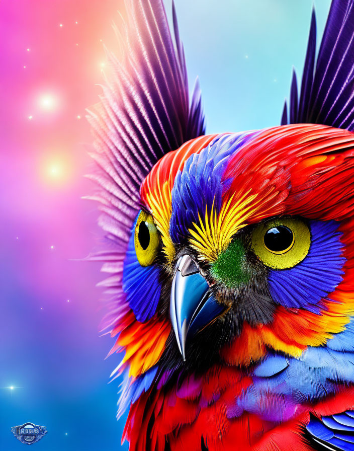 Vibrant bird illustration with rainbow palette and detailed feathers