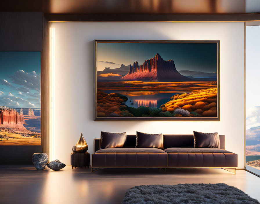 Contemporary living room with illuminated landscape painting above dark sofa