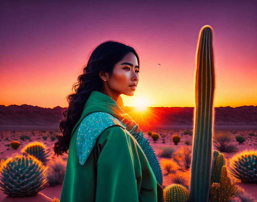 Woman in Green Cloak Beside Cactus in Desert Sunset Scenery