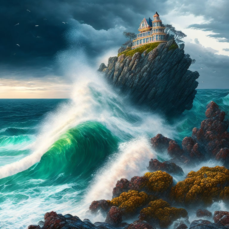 House on Cliff with Wave Crashing in Stormy Sky