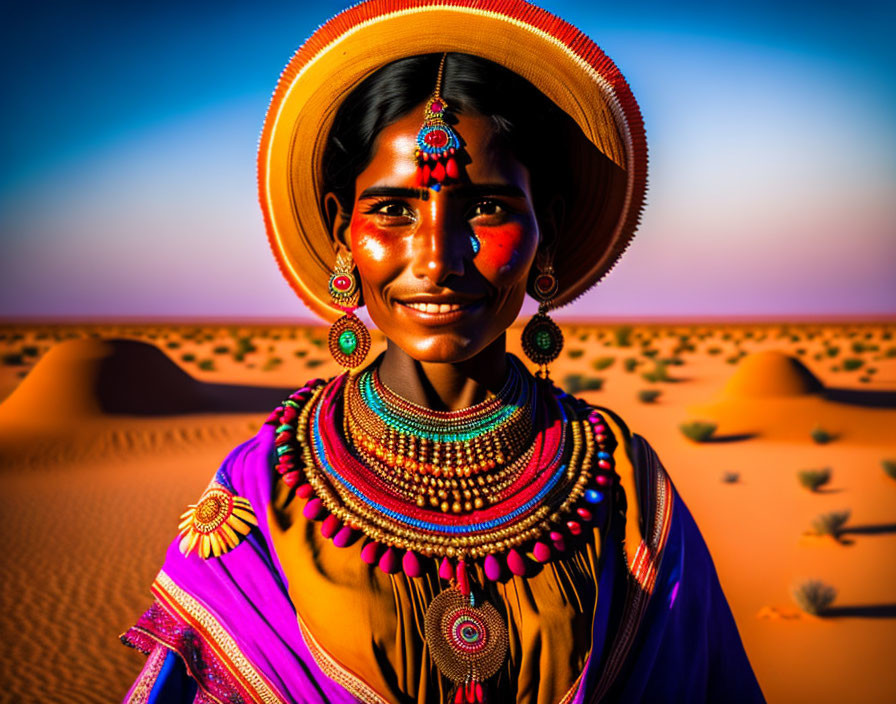 Woman in traditional attire and jewelry smiling in desert sunset.