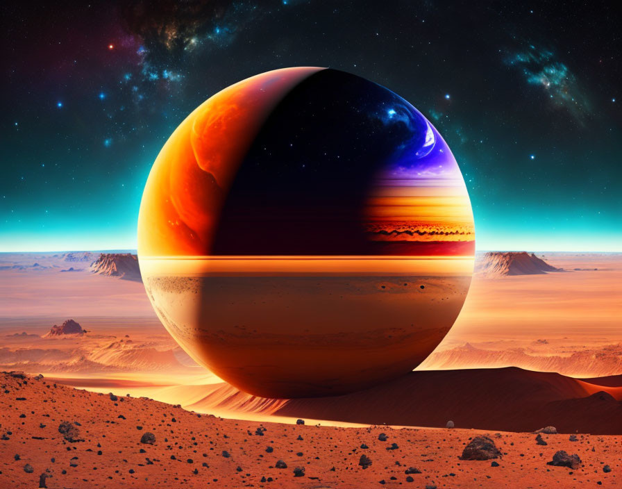 Colossal orange and purple planet over barren desert landscape