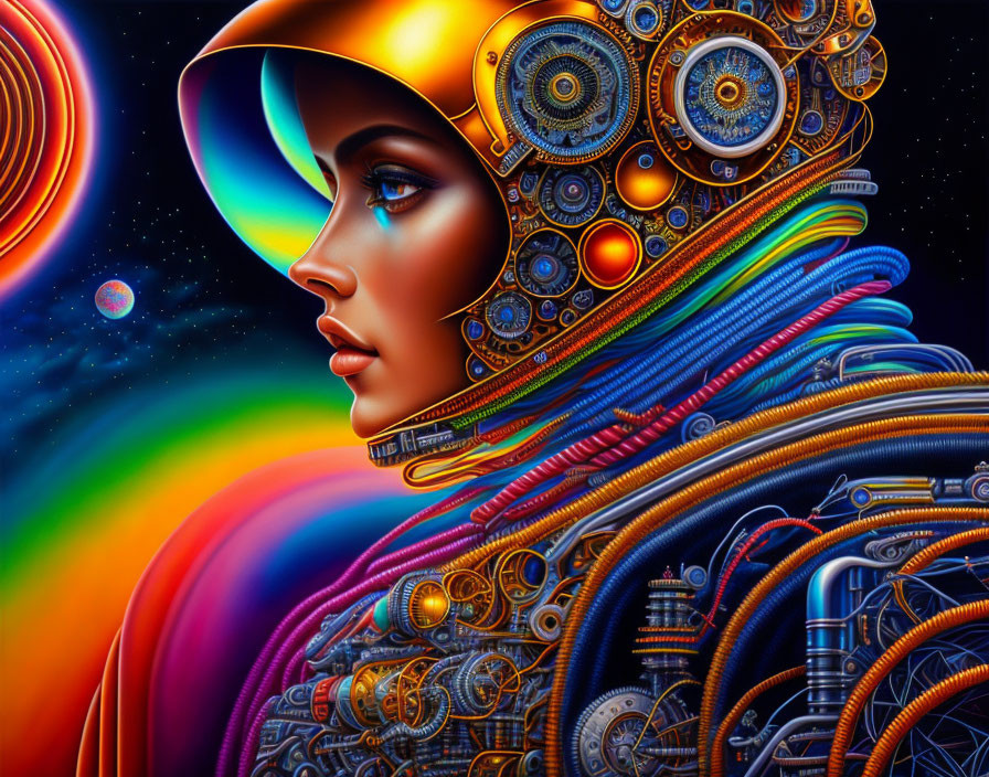 Digital Art: Woman with Mechanical Parts in Cosmic Setting