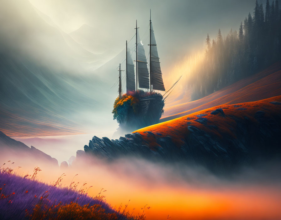 Surreal ship with full sails on grassy hill under misty mountains