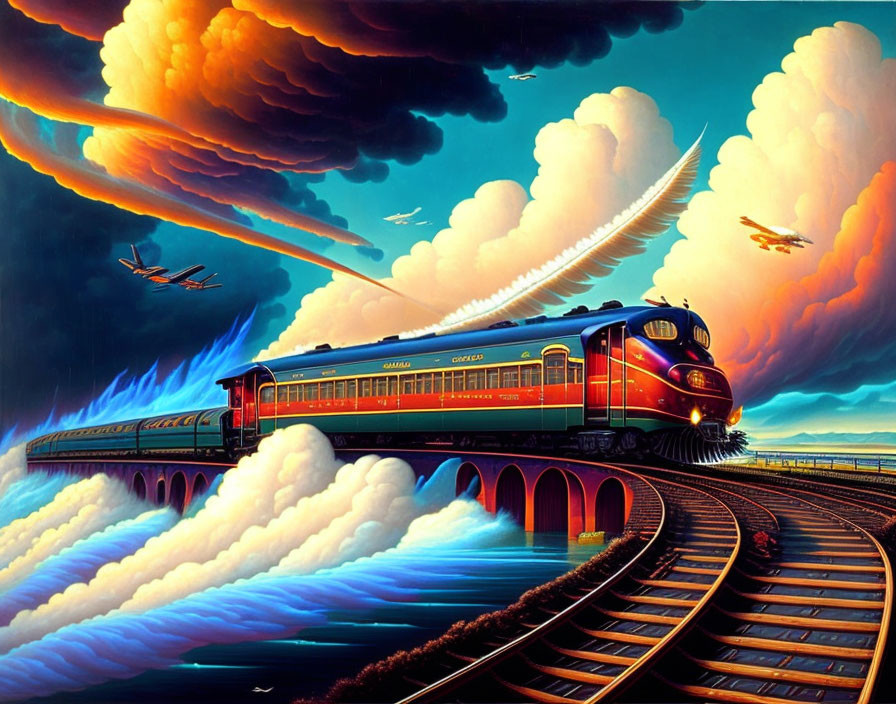 Colorful painting of train on bridge under dramatic sky at dusk or dawn