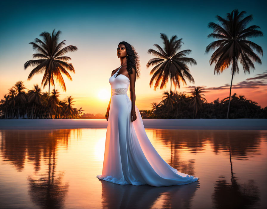 Woman in white dress on serene beach at sunset with palm tree silhouettes.