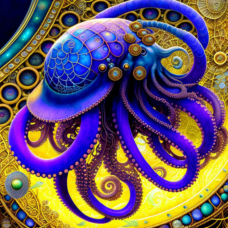 Colorful Psychedelic Octopus Illustration with Ornate Background