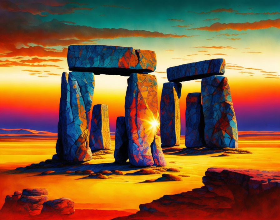 Stylized painting of Stonehenge with fiery sunset hues and blue cracks