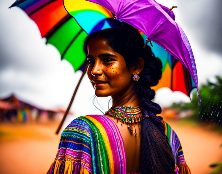 Colorful Dress and Umbrella Woman Smiling in Traditional Attire