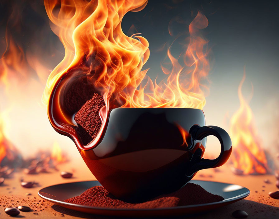 Flaming coffee cup surrounded by beans and fiery backdrop