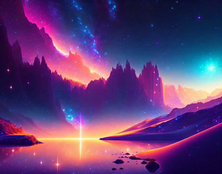 Fantastical cosmic landscape with neon colors and starry sky