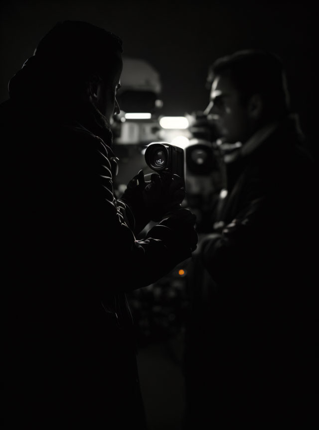 Silhouette effect of two men facing each other with camera lens in focus