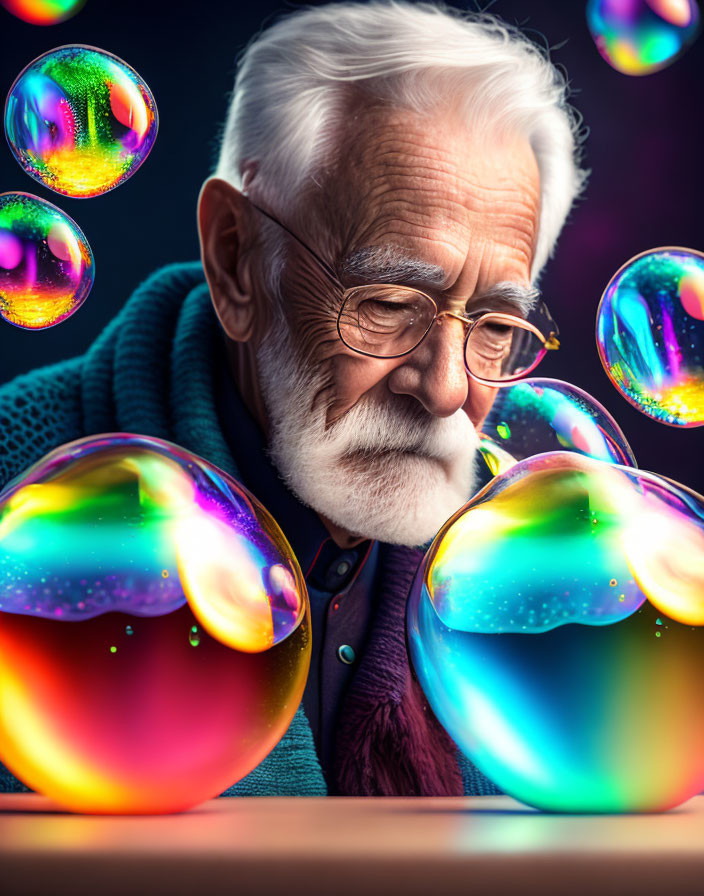 White-bearded man gazes at colorful soap bubbles on dark backdrop