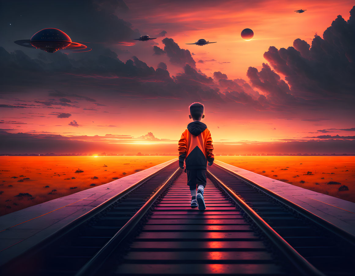 Child walking on railroad tracks under sci-fi sunset with UFOs and planets