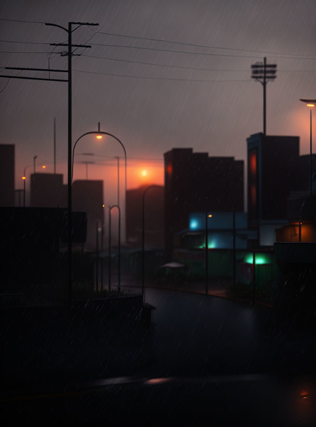 Urban Twilight Scene with Rain and Dim Streetlights