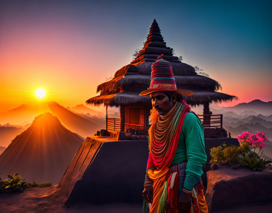 Traditional attired person at sunrise by hut and mountains
