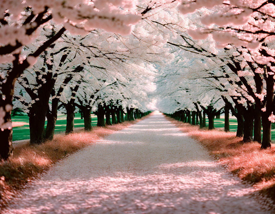 Tranquil Cherry Blossom Path with Petals and Soft Light