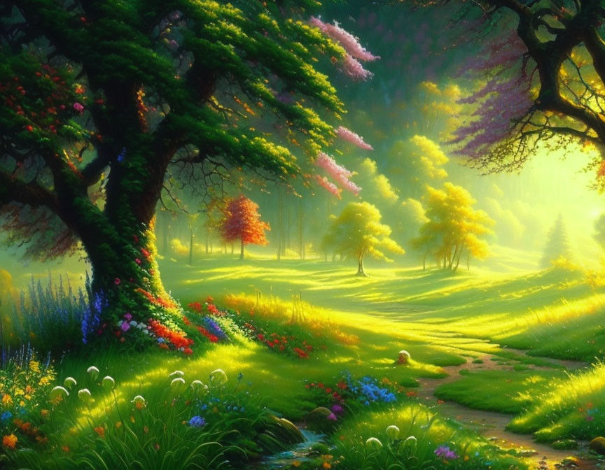 Tranquil woodland landscape with vibrant flowers and lush greenery