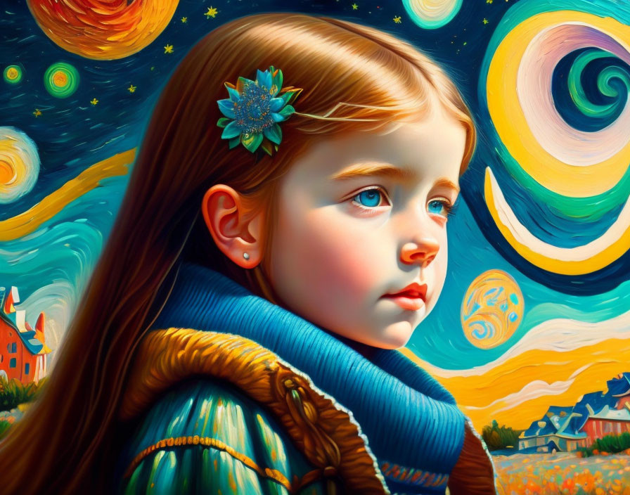 Colorful digital artwork: Young girl with blue hairpin in Van Gogh-inspired setting