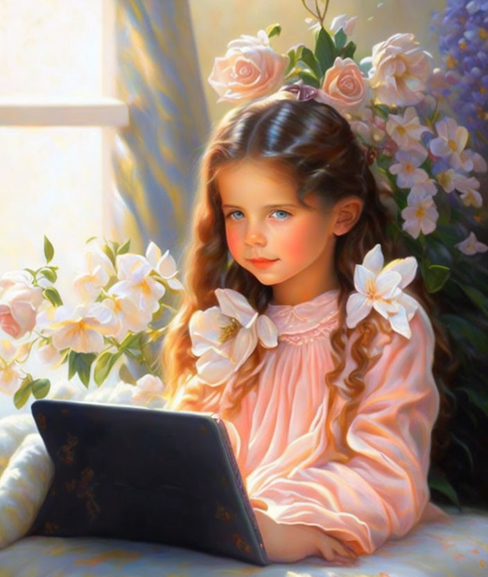 Young girl in pink dress with curly hair looking at tablet surrounded by roses