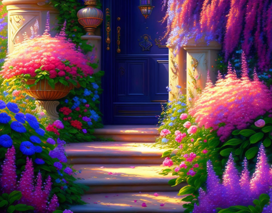 Serene doorway with vibrant flowers and lush greenery