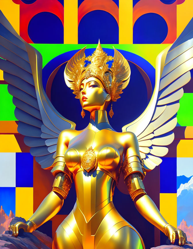 Golden Winged Female Figure with Intricate Headgear Against Colorful Geometrical Backdrop