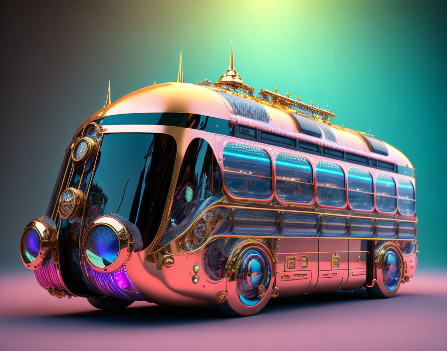 Sleek futuristic bus with bubble-style windows and gold details
