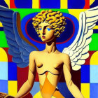 Golden Winged Female Figure with Intricate Headgear Against Colorful Geometrical Backdrop