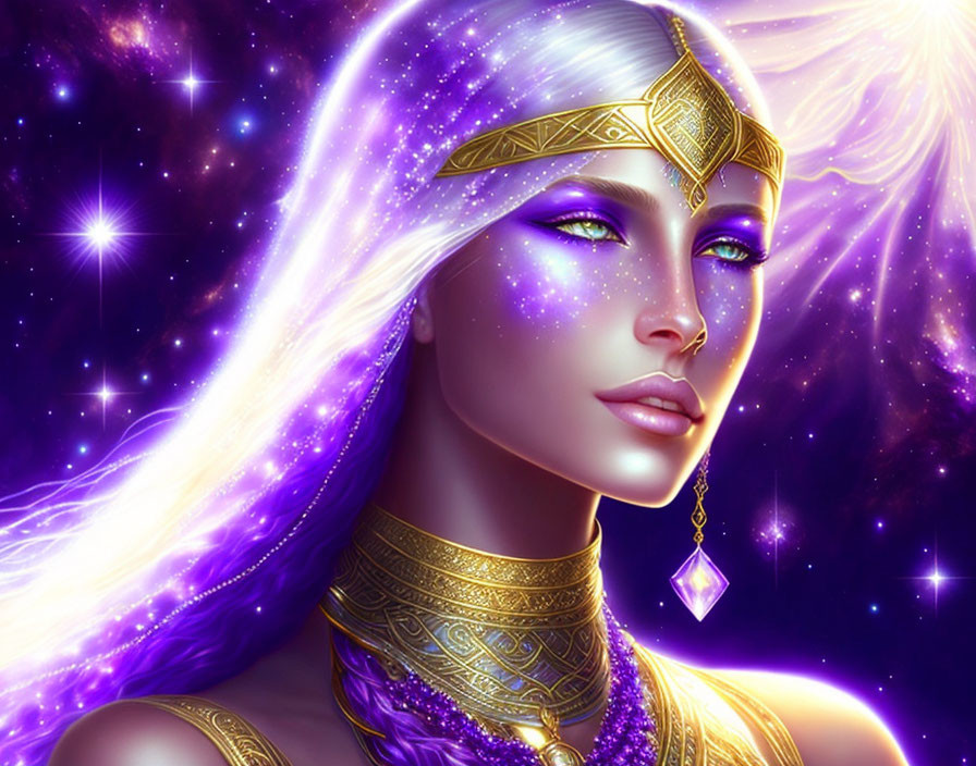 Digital Artwork: Mystical Woman with Purple Skin and Cosmic Background