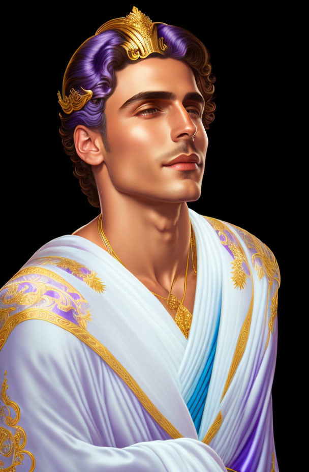 Regal man with purple hair in white and gold robe and crown