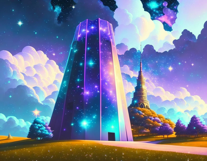 Fantasy landscape with glowing tower, spire building, night sky