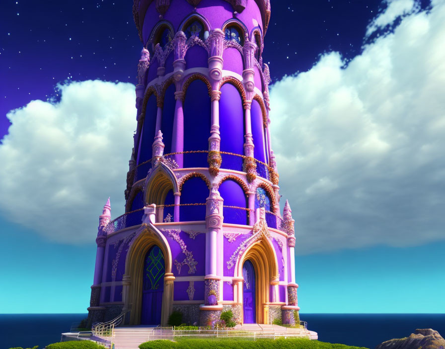 Vibrant Purple and Gold Fantasy Castle Overlooking Ocean