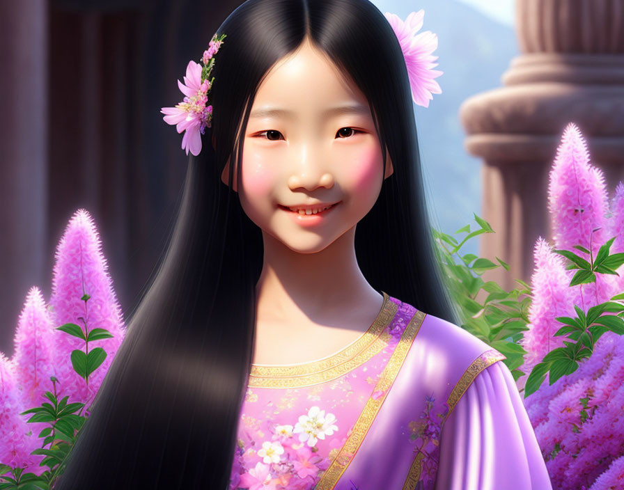 Smiling animated girl in purple traditional outfit with black hair and pink flowers, surrounded by blooming shr