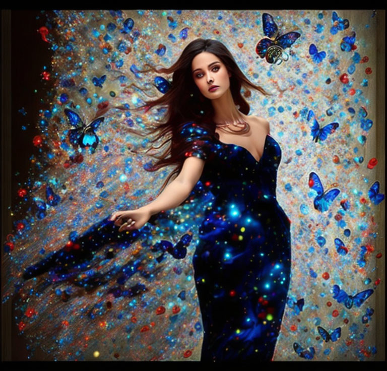 Woman in Black Dress Surrounded by Vibrant Cosmic Cloud and Butterflies