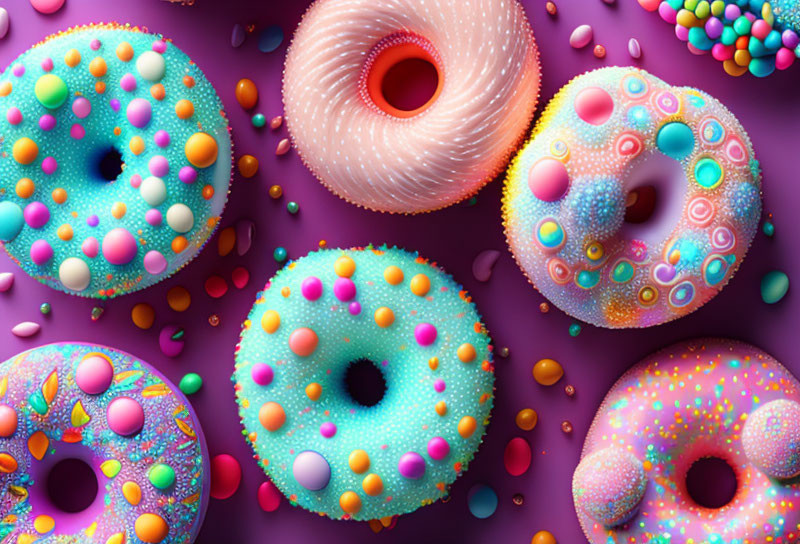 Vibrant Sprinkle Donuts on Purple Background