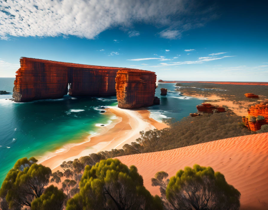 Vivid Coastal Landscape with Blue Waters, Red Cliffs, and Green Foliage