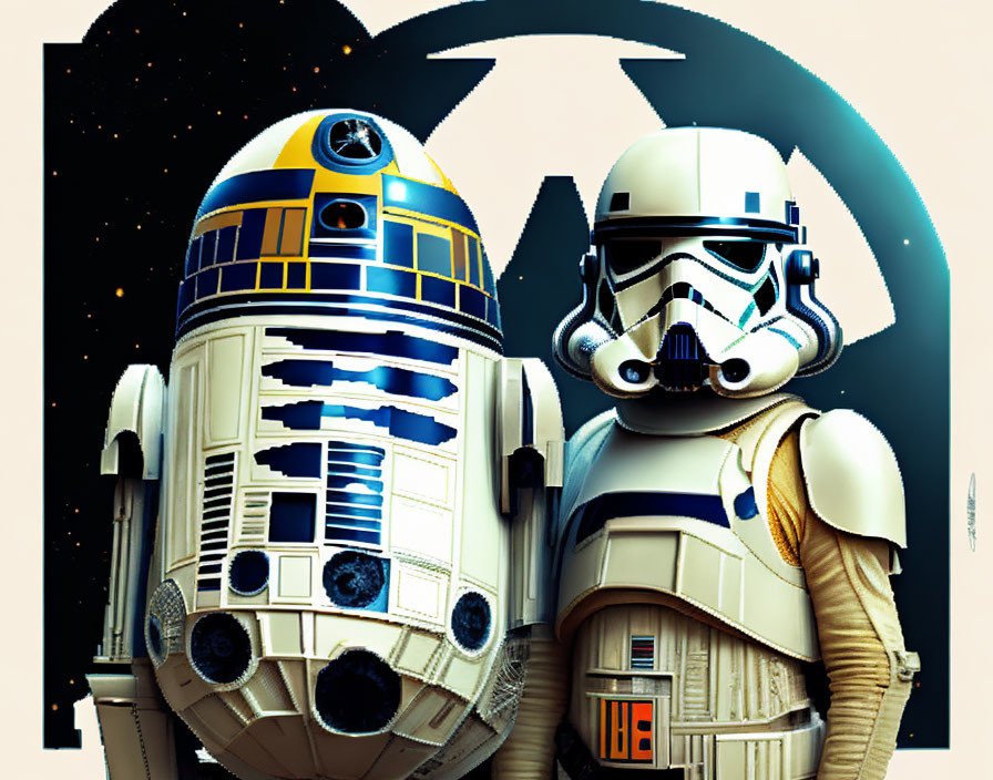 Sci-fi Stormtrooper and R2-D2 Artwork in Space Setting