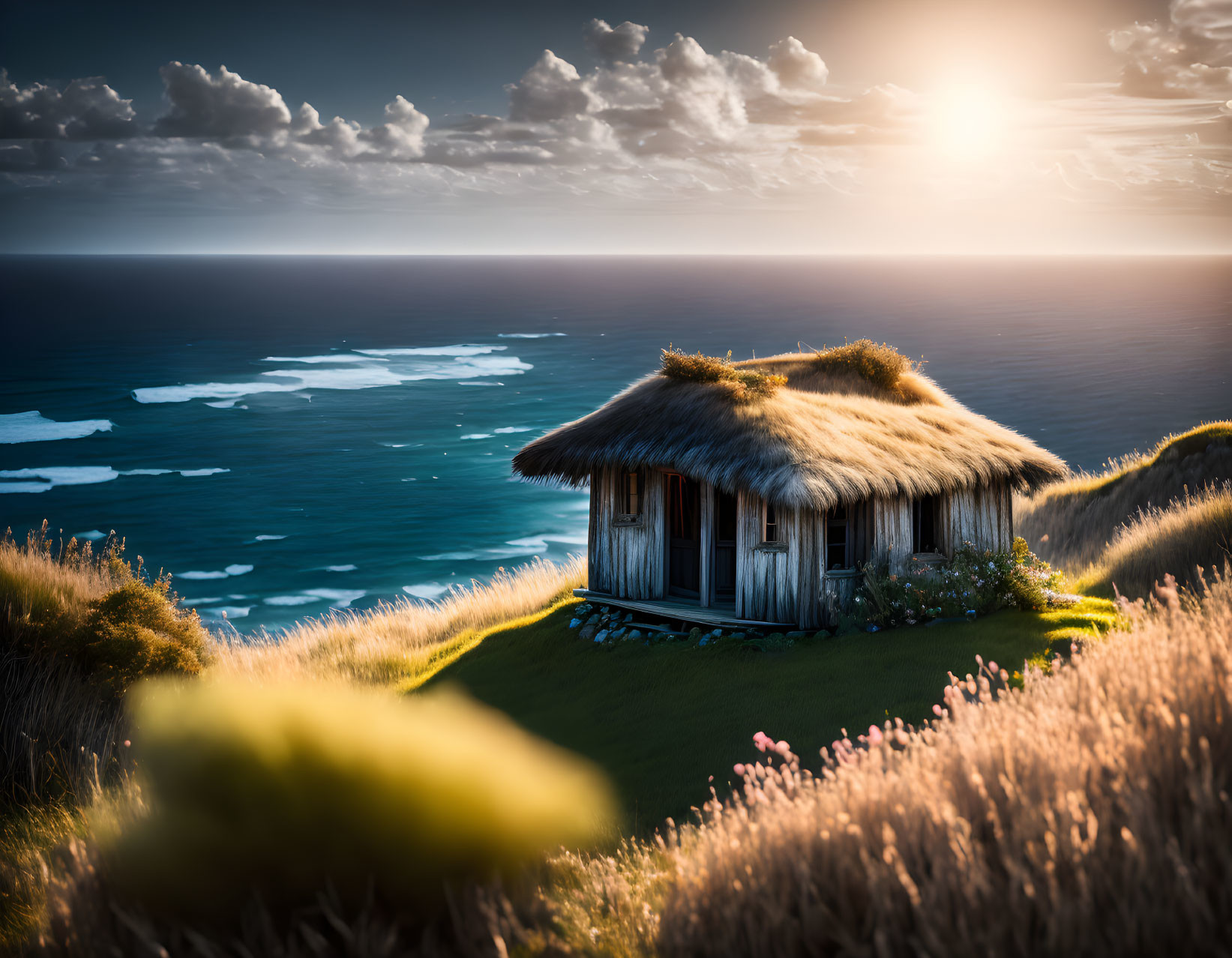An old hut looking out a the vast ocean