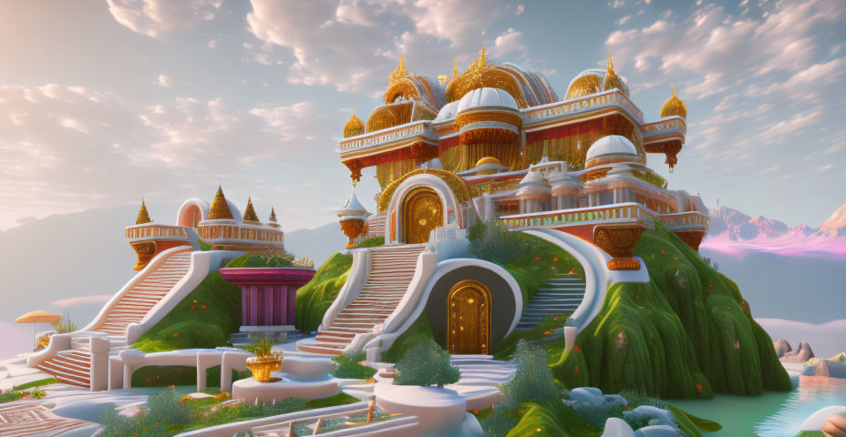 Fantasy palace with gold domes on hilltop surrounded by lush greenery and mountains at sunset