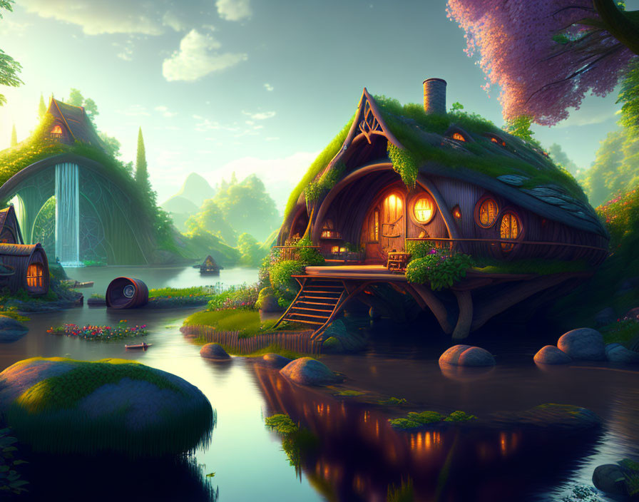 Serene river landscape with cozy hobbit-like house