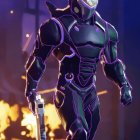 Futuristic armored robot with glowing blue lights and rifle on purple backdrop