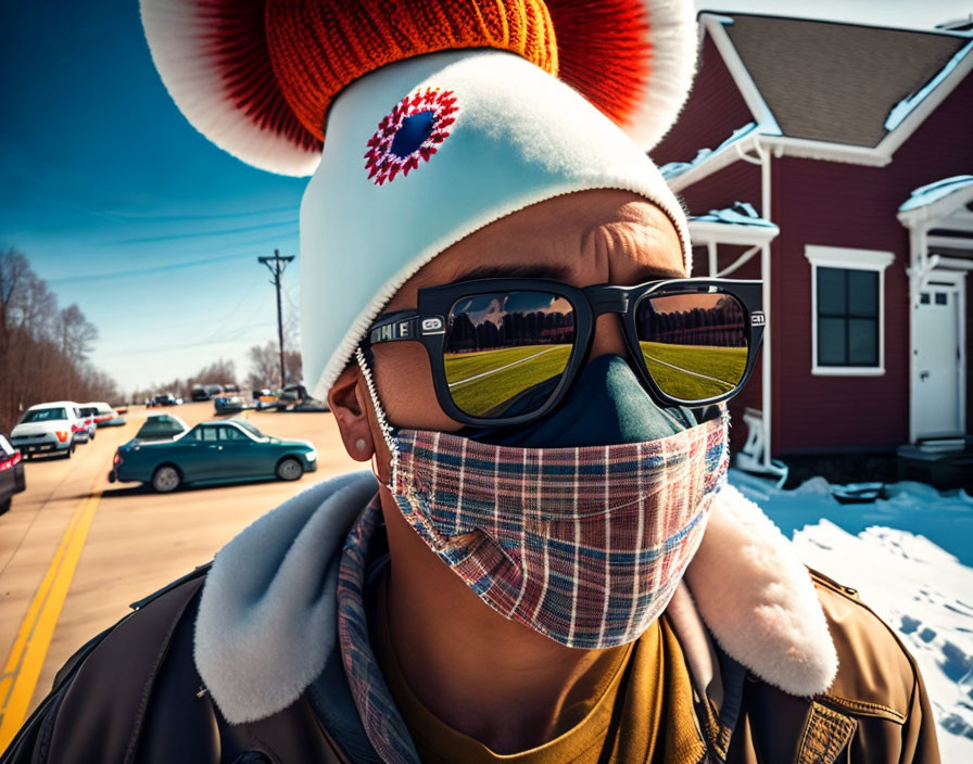 Person in Sunglasses, Face Mask, and Winter Hat Outdoors with Buildings and Cars