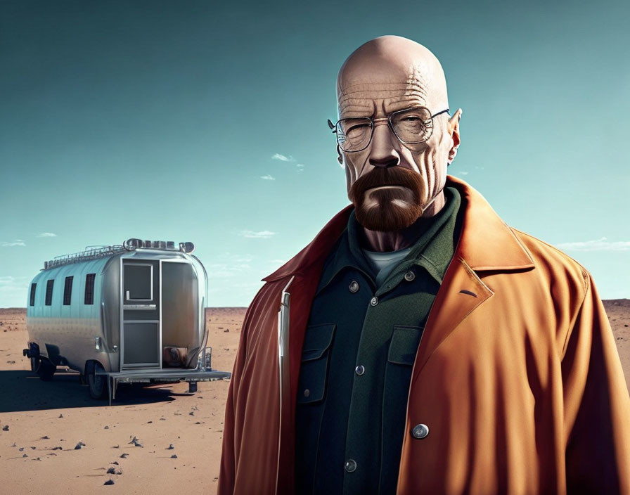 Bald man in green shirt and brown jacket in desert with RV