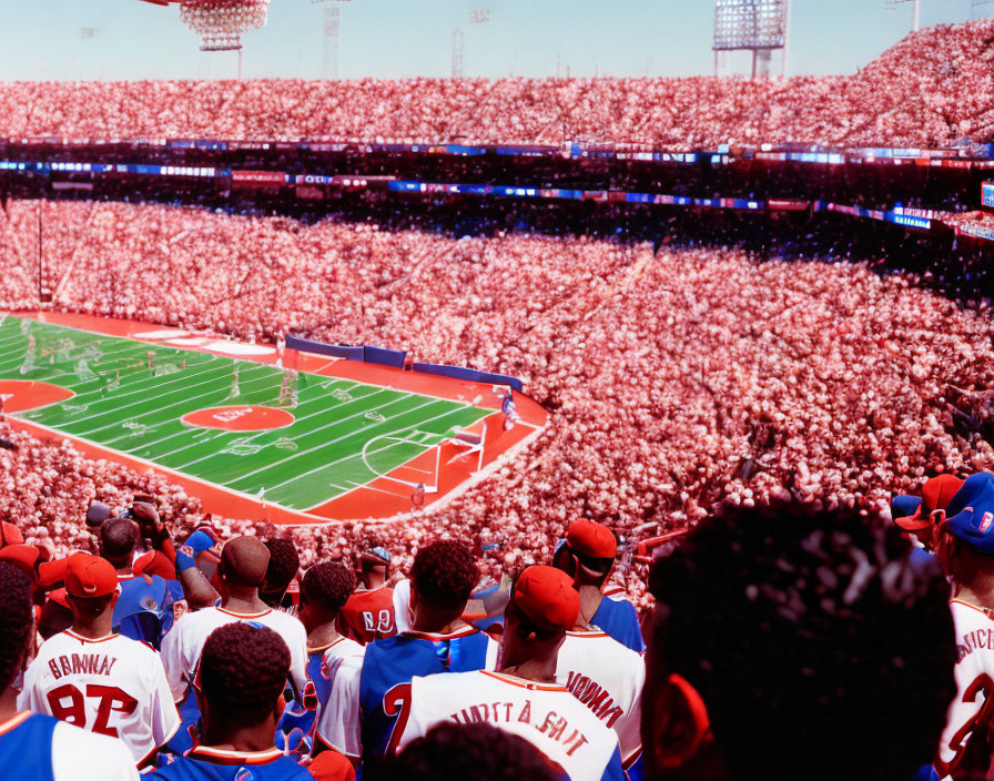 Crowded sports stadium with red-clad spectators and football field.