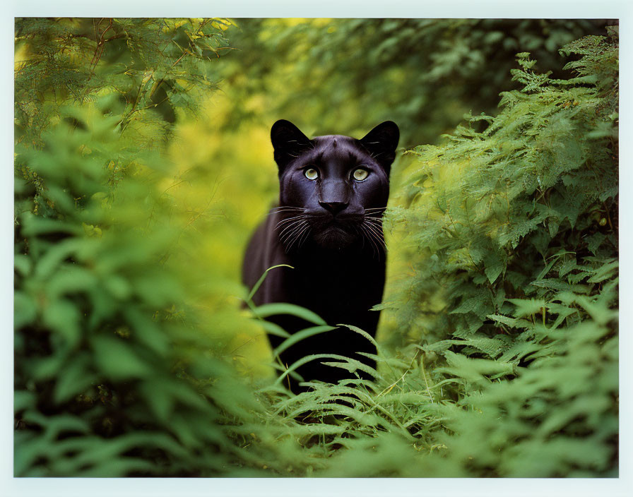 Black Panther Observing Through Lush Green Foliage